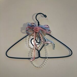 Decorative Teal Green Wire Hanger with Pink Ribbon & Pearls